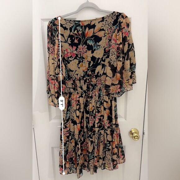Love Sam Anthropologie Floral Mini Dress Size Medium Tan Multicolor Plunge Neck - Picture 8 of 8